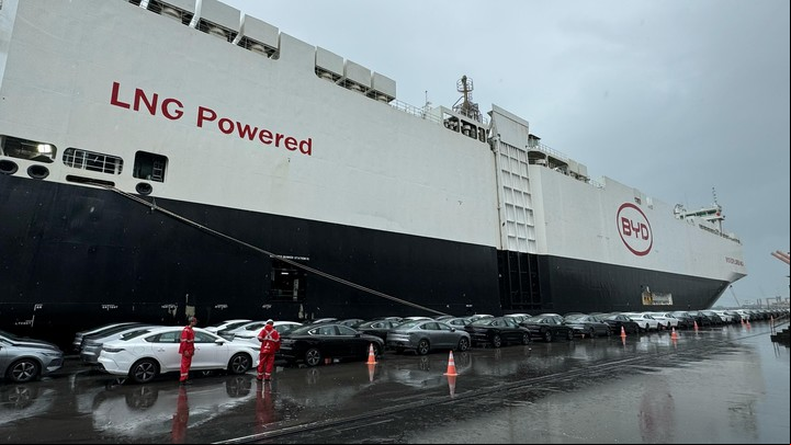 Descarga de autos de BYD en el puerto de Suape, en Pernambuco, Brasil.