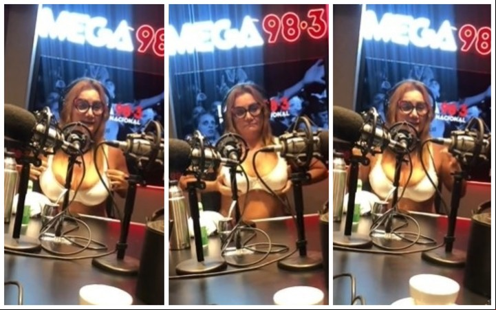 Nancy Pazos, para quejarse de la ley de talles, realizó su ciclo radial en corpiño. Fotos: Captura video.