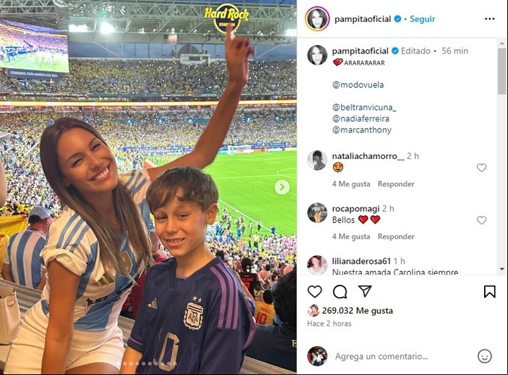 Pampita en el Hard Rock Stadium de Miami, en la final de la Copa América