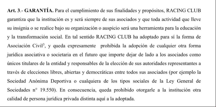 El artículo 3 del Estatuto de Racing redactado por Mariano Cúneo Libarona en 2019.
