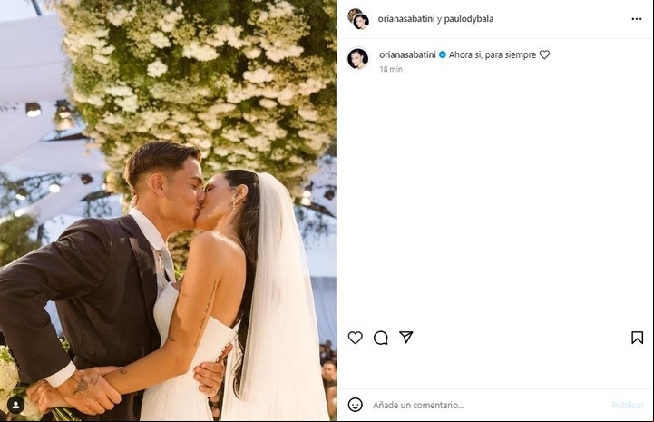 Oriana Sabatini y Paulo Dybala compartieron su primera foto como marido, y mujer en las redes sociales. | Foto: Instagram