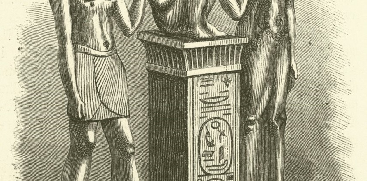 Dioses más antiguos. Isis y Osiris junto a Horus. Dioses egipcios. 3.400 años aC. Grabado del Museo del Louvre realizado por Féart.