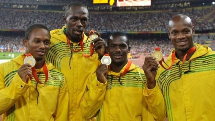 El equipo de Jamaica en Pekín 2008 (Fraser, Bolt, Carter y Powell). Foto: AFP