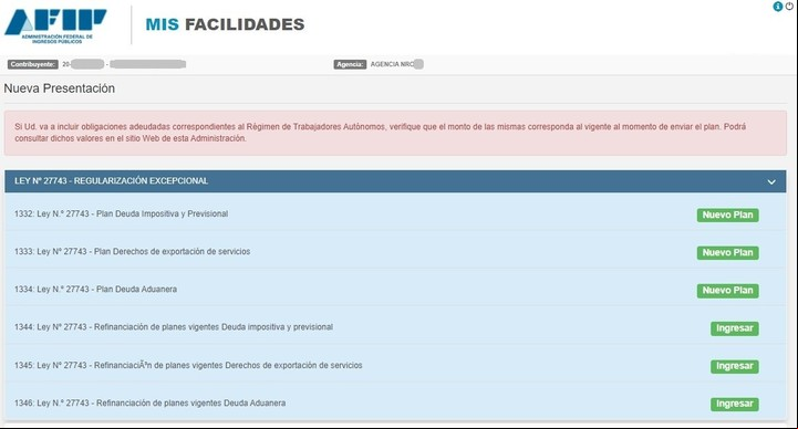 El servicio "Mis Facilidades", en la web de AFIP. Imagen: Captura.