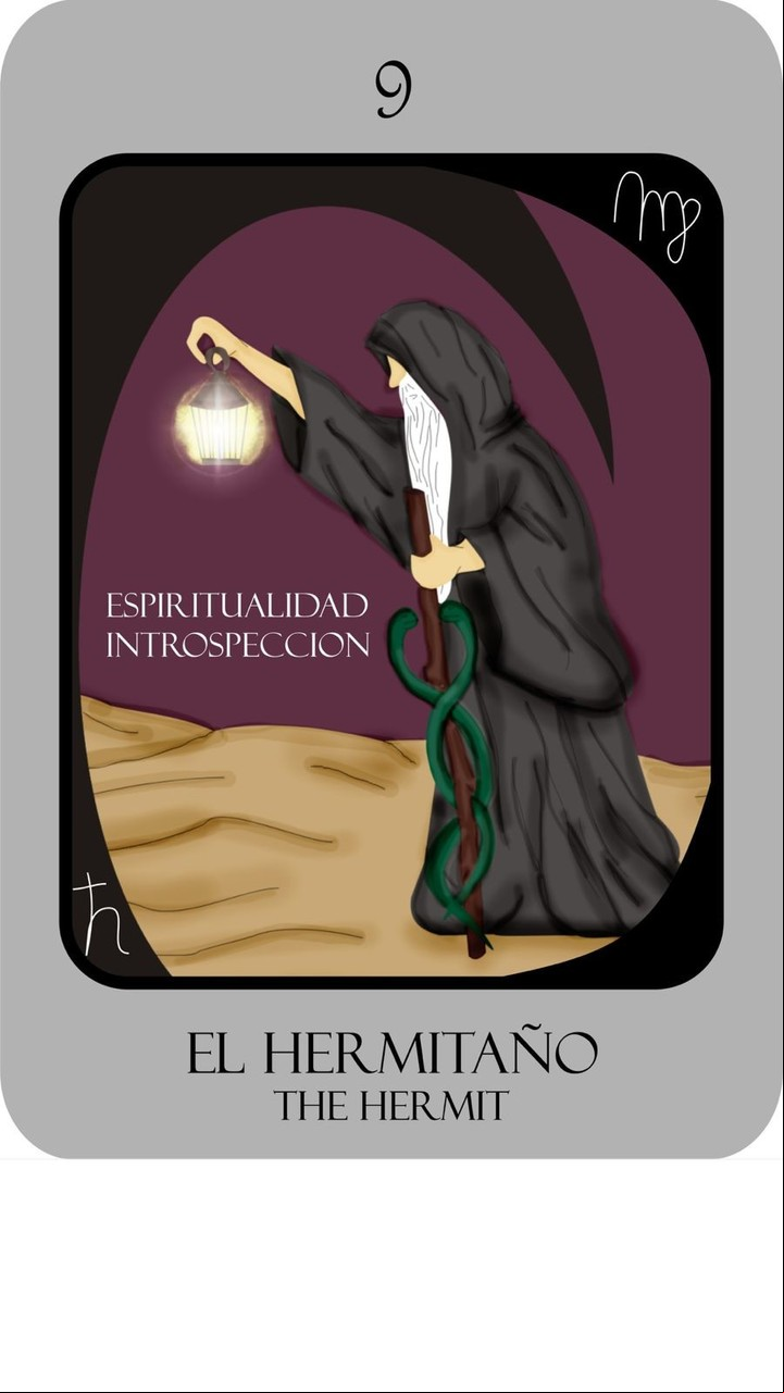 El Ermitaño: “Destino de búsqueda de sanación del dolor familiar y humano”. Del mazo "Nuevo Tarot de Marsella Leveratto", ilustración de Florencia Brizuela y Lucia Brizuela (Ed. Kier).