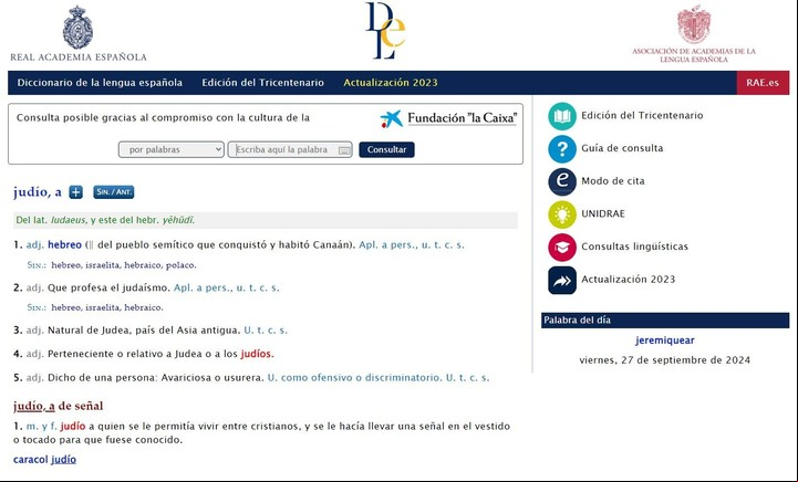 La página de la Real Academia Española con la acepción discriminatoria de la palabra "judío" seguía habilitada al cierre de esta nota. Foto: EFE