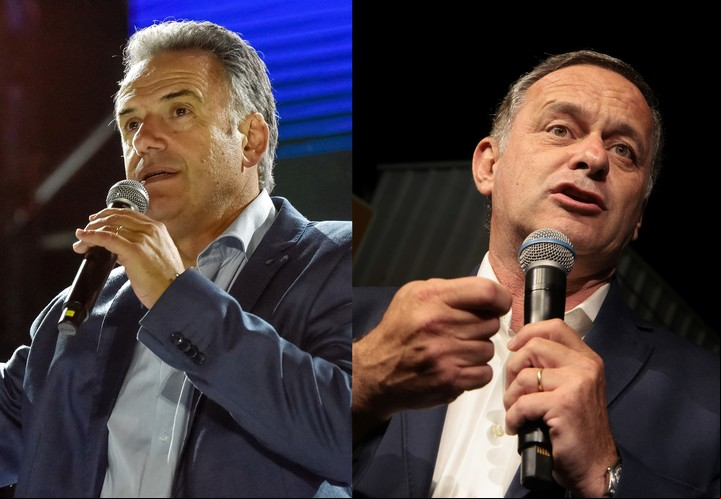 Los candidatos presidenciales, por el Frente Amplio, Yamandú Orsi (i), y por el Partido Nacional, Álvaro Delgado, durante actos de campaña. Yamandú Orsi -del opositor Frente Amplio- y Álvaro Delgado -del oficialista Partido Nacional. Foto EFE