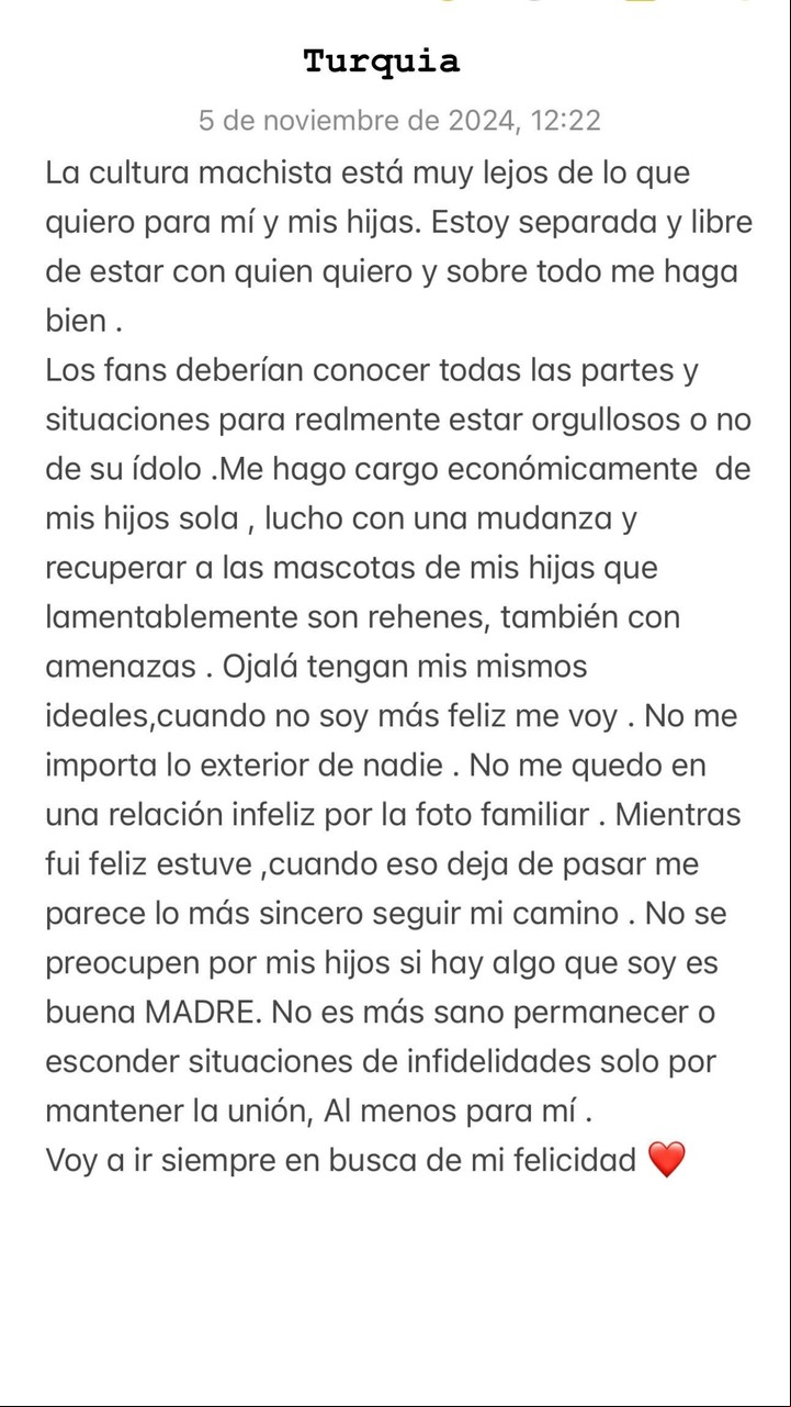 El comunicado de Wanda Nara en Instagram.