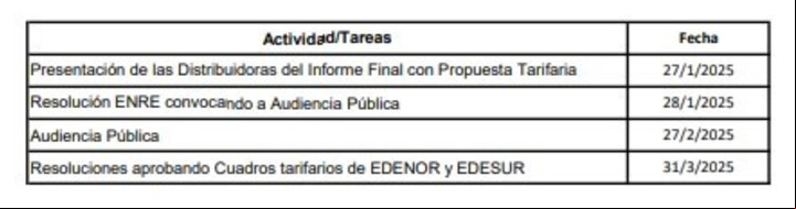 Cronograma de la Revisión Quinquenal Tarifaria (RQT) para la distribución de energía eléctrica -Edenor y Edesur-. Foto: Resolución 6/2025 ENRE