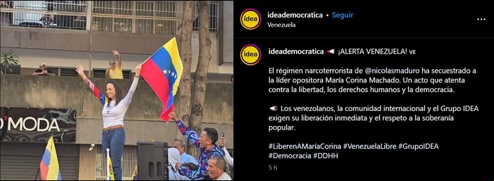 Un grupo que nuclea a expresidentes regionales fustigó al gobierno de Nicolás Maduro por el secuestro de su principal opositora. Foto captura redes