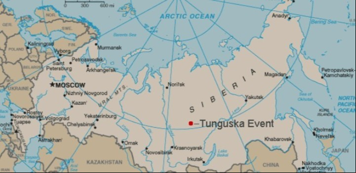 El mapa muestra Tunguska, donde tuvo lugar la mayor explosión conocida en la historia de un asteroide.