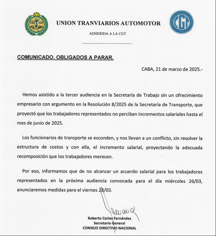 La UTA amenaza con un paro de colectivos.