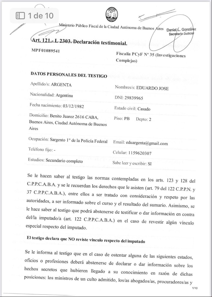 Testimonio sobre la salud de Fabiola Yáñez de uno de sus custodios, el policía Eduardo José Argenta
