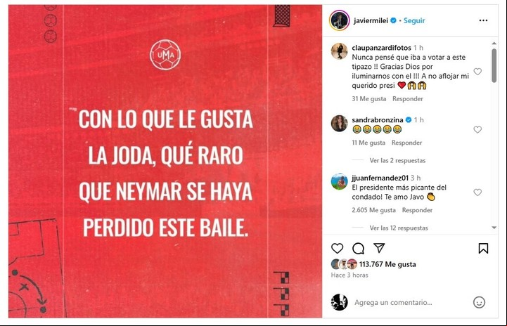 El posteo que hizo Javier Milei en su cuenta de Instagram sobre la ausencia de Neymar en la goleada de Argentina sobre Brasil.