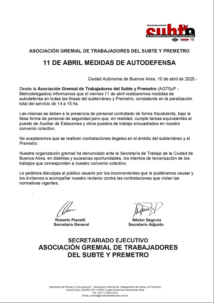 Anuncian un paro de subtes para el 11 de abril.