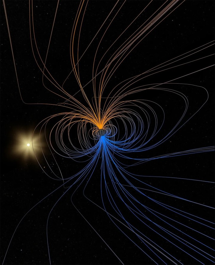 Esta visualización estereoscópica muestra un modelo simple del campo magnético terrestre. Foto: NASA’s Goddard Space Flight Center.