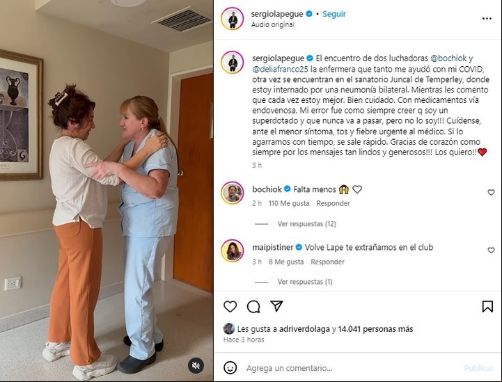 Sergio Lapegüe le agradeció a su enfermera, Delia por cuidar de él mientras atraviesa su neumonía bilateral. | Foto: Instagram
