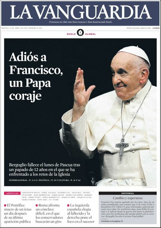 Tapa del diario de La Vanguardia 22 de abril de 2025.