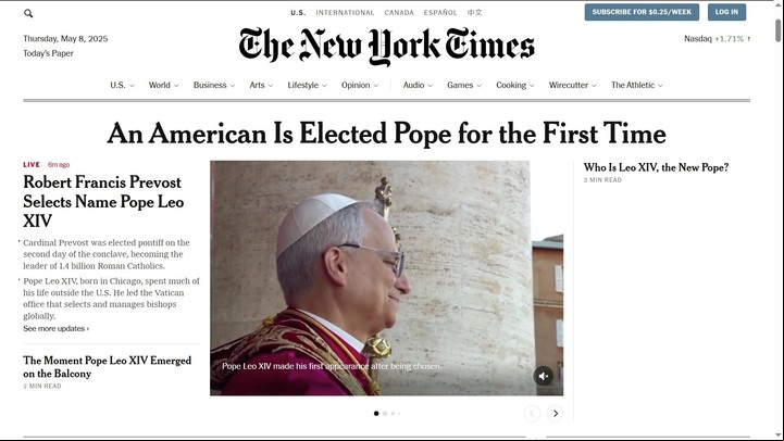 La portada del New York Times tras el anuncio de Robert Prevost como nuevo Papa.