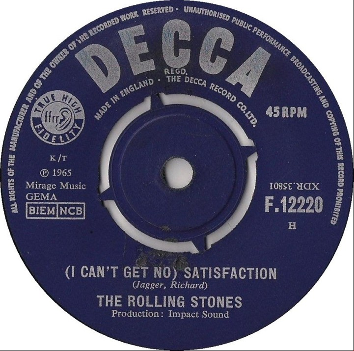El single en vinilo de "(I can't get no) Satisfaction" de los Rolling Stones.