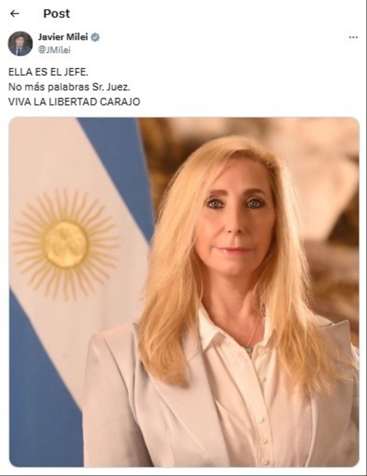 El tuit de Javier Milei, de este domingo a la noche, para confirmar a su hermana Karina como la estratega electoral del espacio.