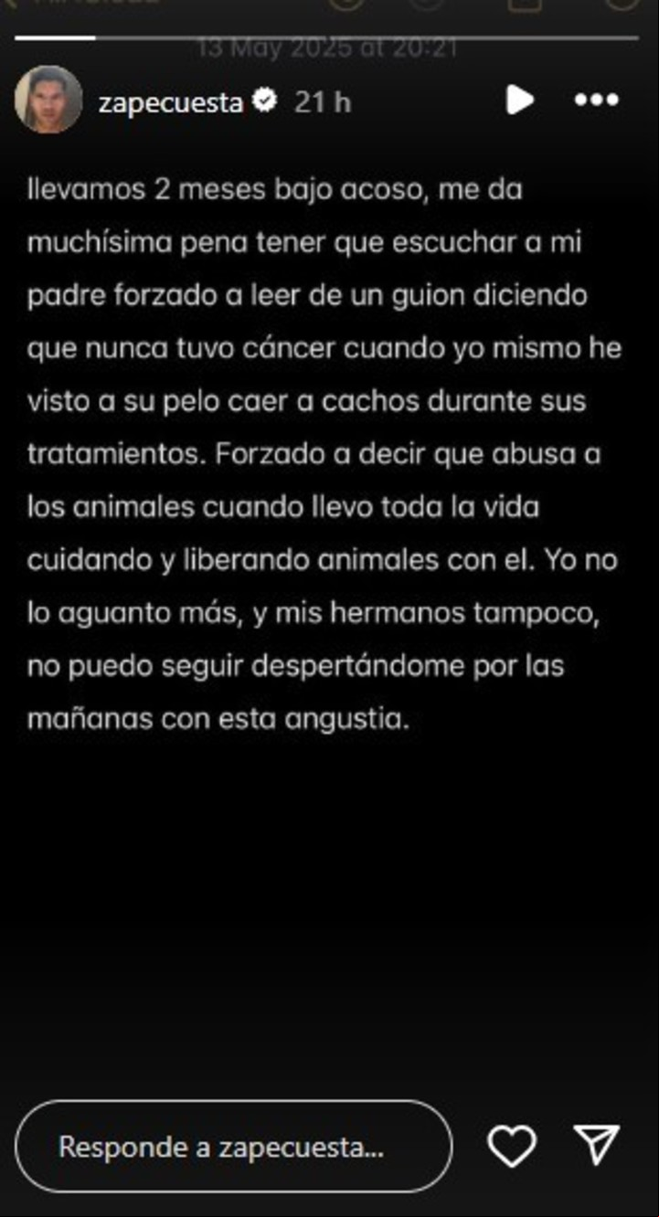 El comunicado de Zape Cuesta, el hijo del youtuber Frank Cuesta. (Foto: Instagram @zapecuesta)