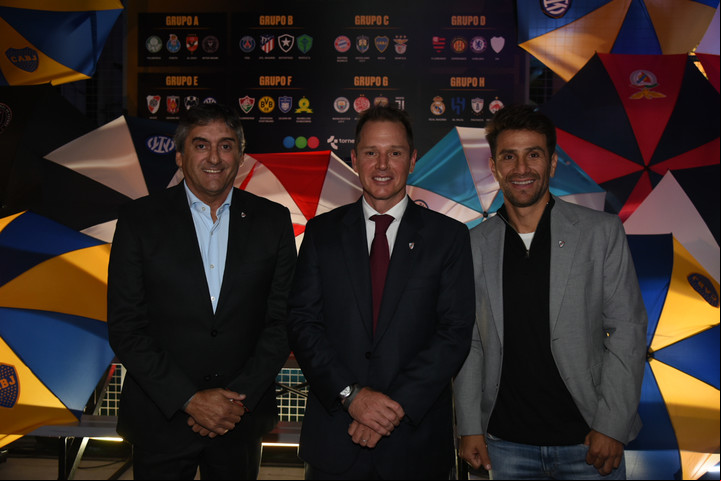 Enzo scoli, Jorge Brito y Leonardo Ponzio, en la presentación del Mundial de Clubes 2025, que transmitirá Telefe.