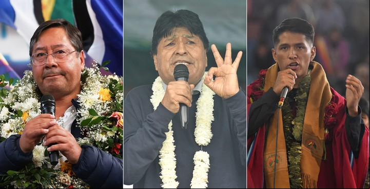 El presidente de Bolivia, Luis Arce, el exmandatario Evo Morales, y al presidente del Senado, Andrónico Rodríguez. Foto EFE