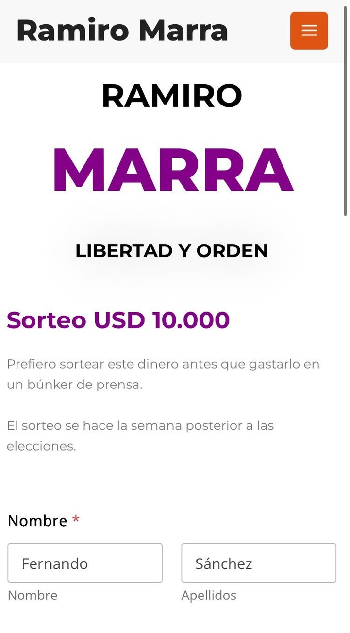El formulario para inscribirse al sorteo de los 10.000 dólares de Ramiro Marra. (Foto: captura de pantalla)