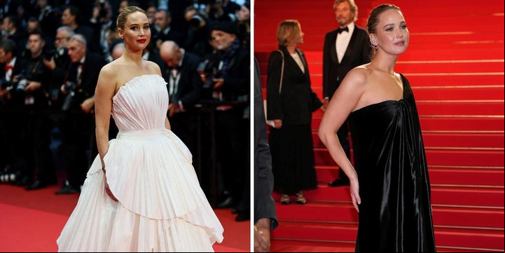 Jennifer Lawrence: al ingresar a la alfombra roja, de blanco, y al terminar el filme, de negro. Fotos AP