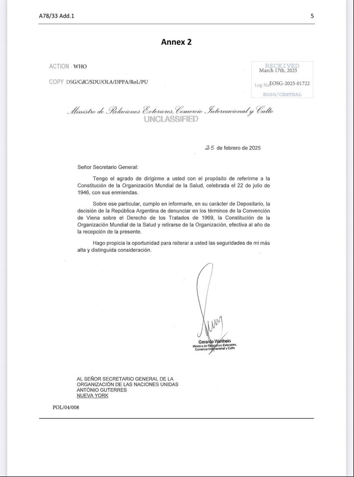La renuncia argentina a la Organización Mundial de la Salud podría traer consecuencias negativas para el país, advierten