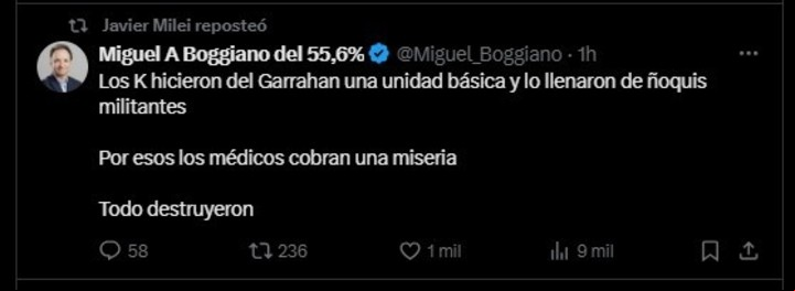 El mensaje que compartió Milei en medio del conflicto en el Garrahan.