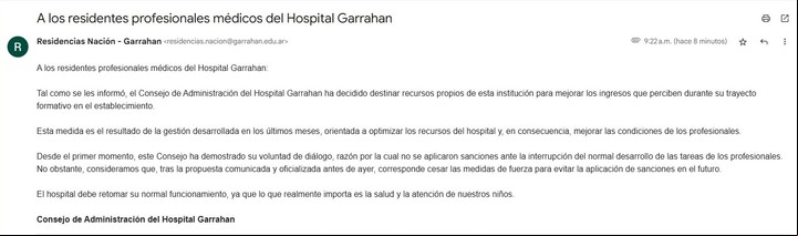 Mail enviado a los residentes del Hospital Garrahan